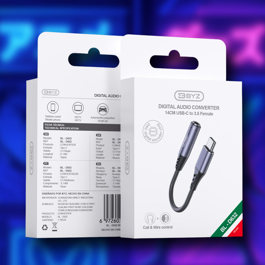 ADAPTADOR AUX  TIPO C A 3.5mm  BYZ-BL-D632