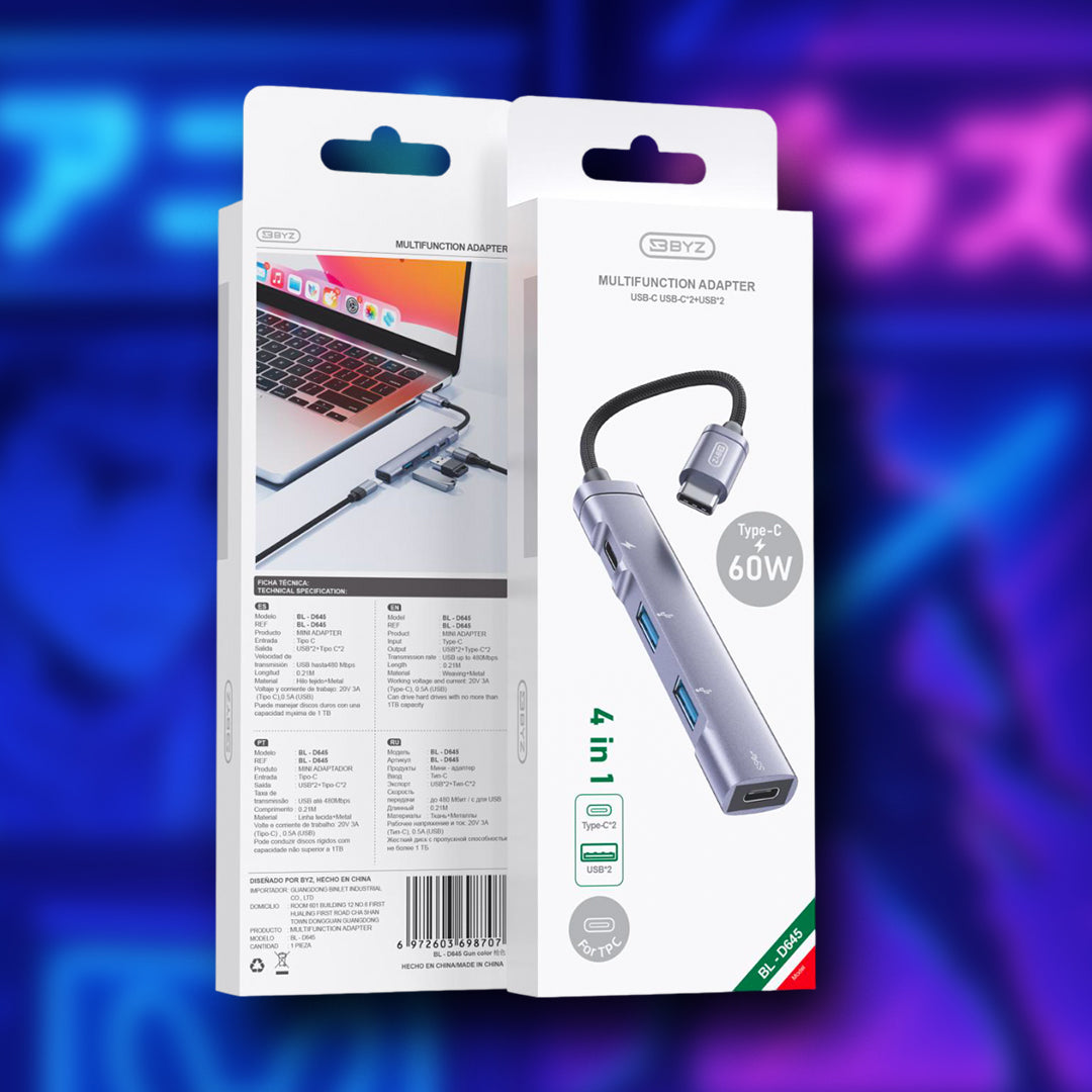 MINI ADAPTADOR HUB TIPO C 4 EN 1 BYZ-BL-D645
