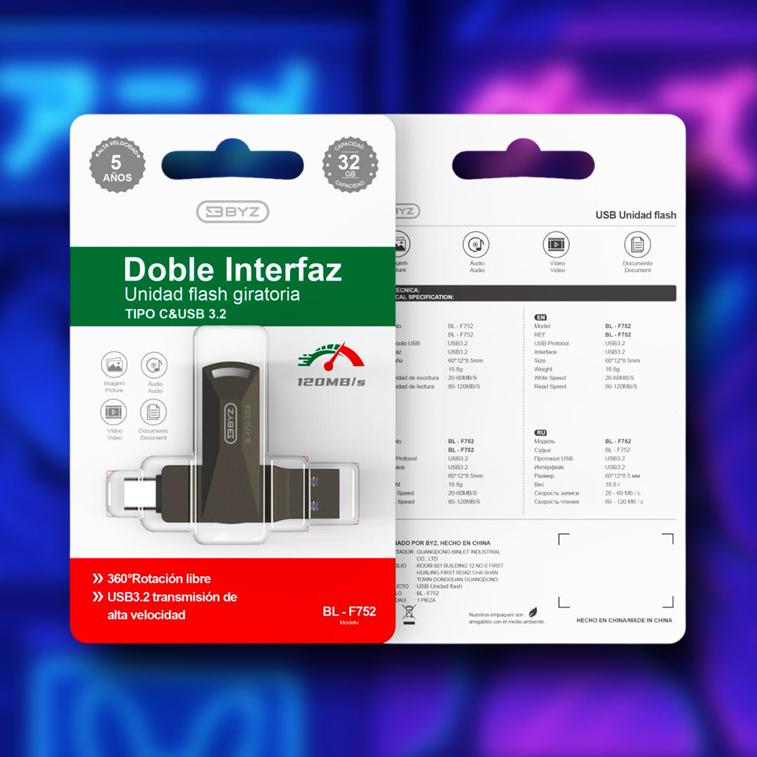 MEMORIA USB + TIPO C 32GB BYZ-BL-F752