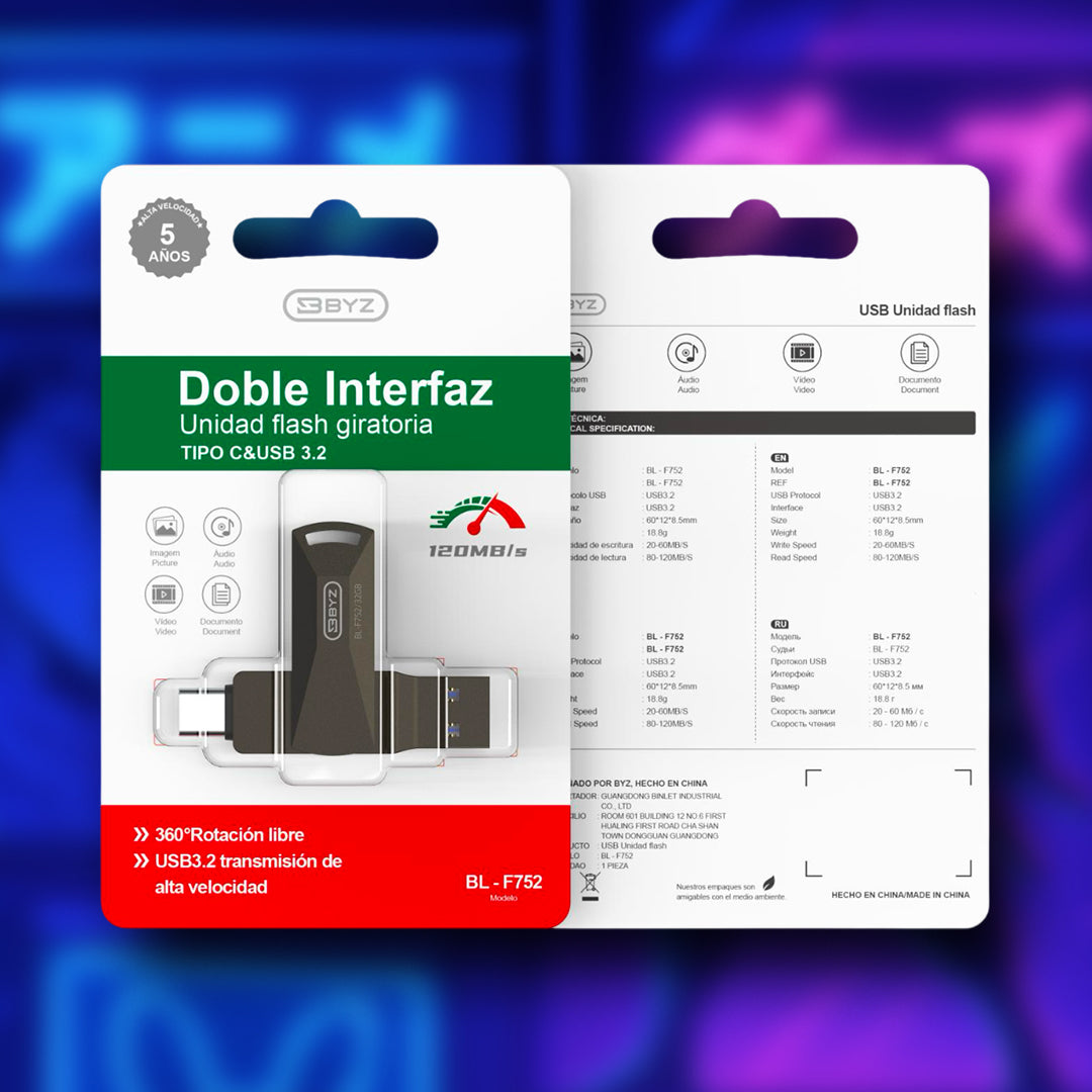 MEMORIA USB + TIPO C 64GB BYZ-BL-F752